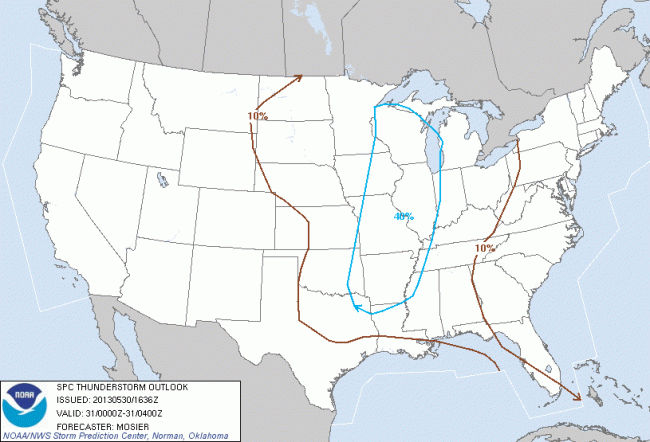 SPC Thunderstorm Outlook May 30, 2013 8pm-midnight