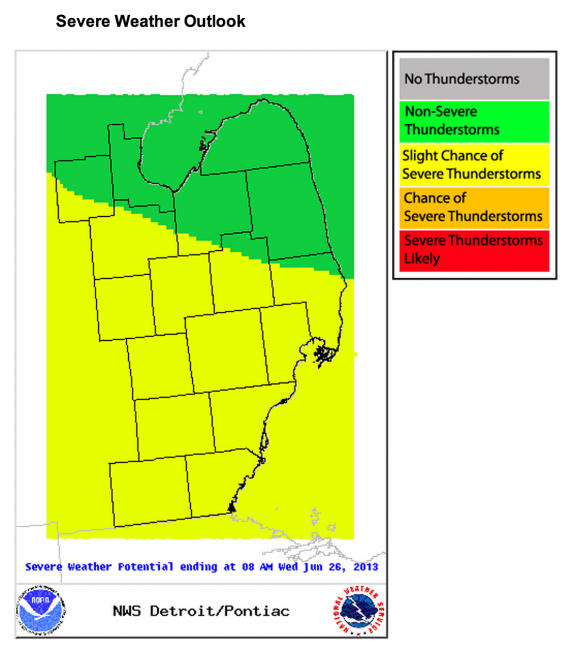 Severe weather outlook via NWS Detroit June 25, 2013