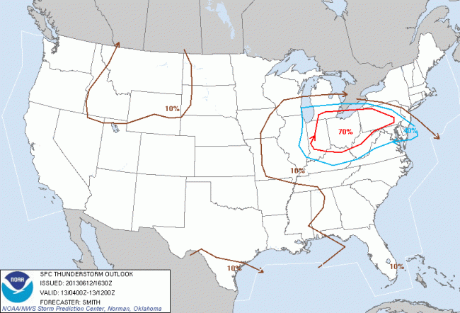 SPC Enhanced Thunderstorm Outlook June 12, 2013 midnight-8am